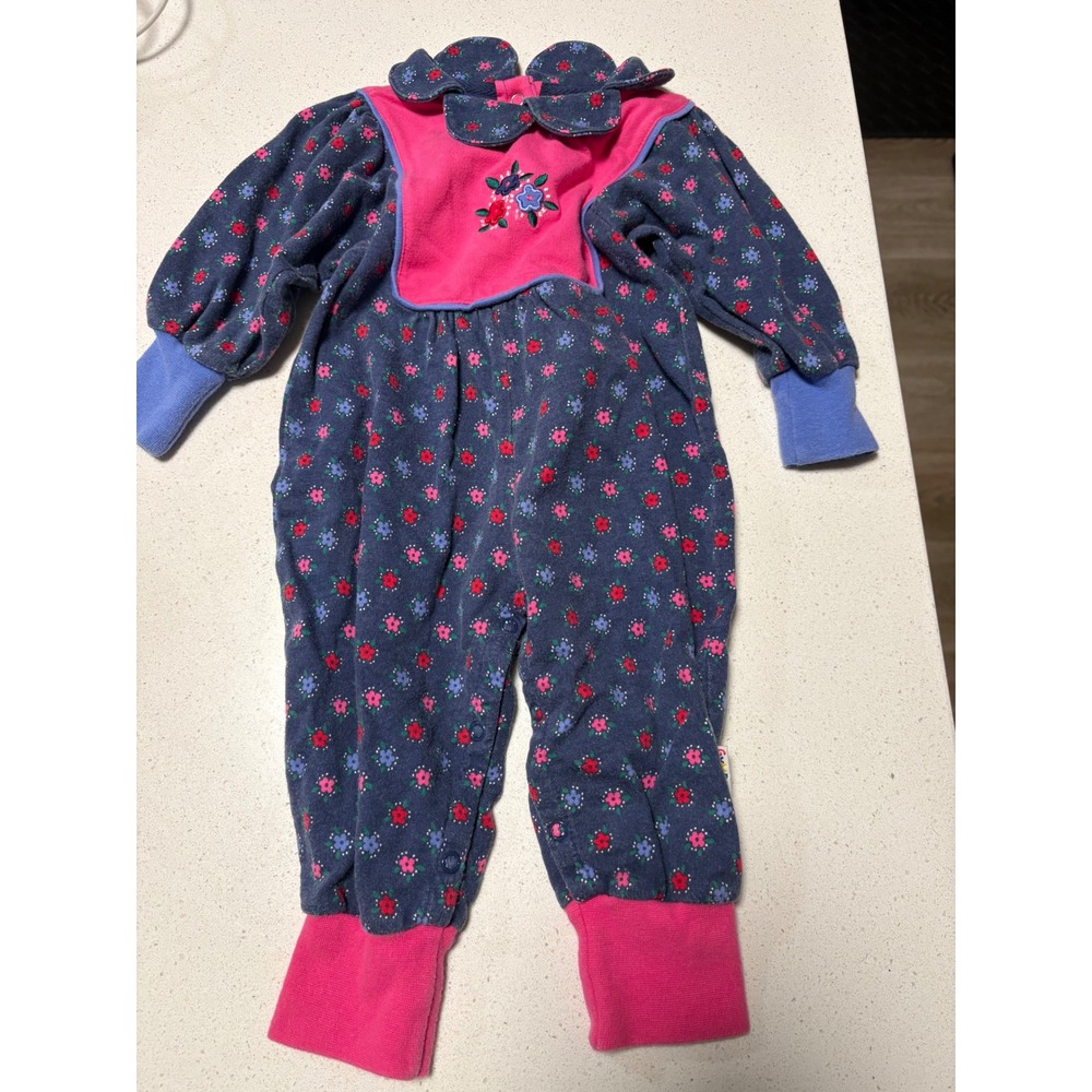 Vintage Gymboree Newborn Floral Romper Pink Navy Blue Cotton Embroidered 90s